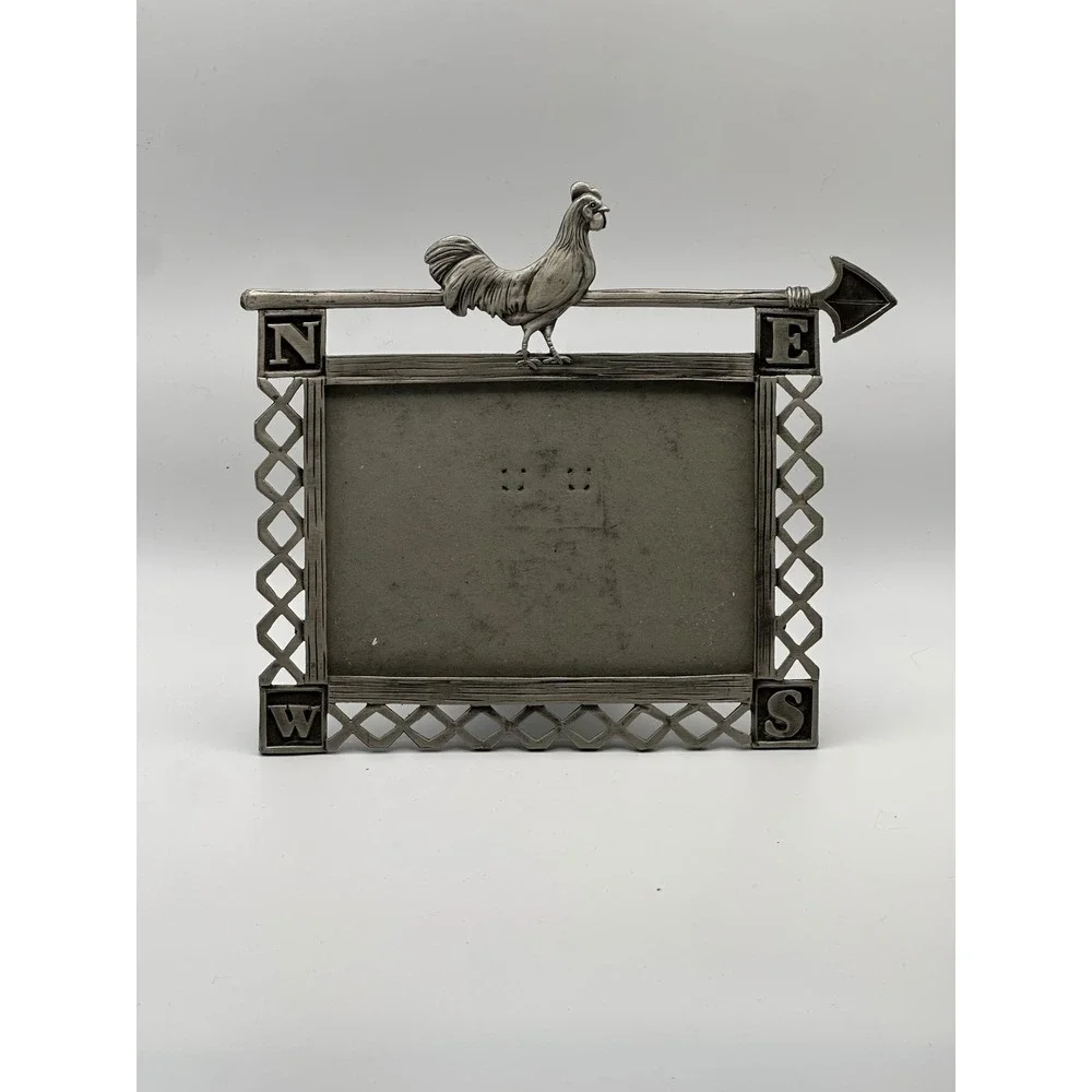 Vintage Rooster Weathervane Picture Frame Pewter Metal Farmhouse Decor 3.5x5